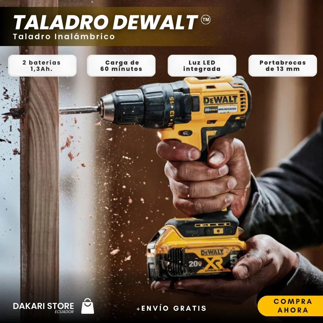 Taladro DeWalt™: Taladro Inalámbrico + 2 Baterías 1,3ah + Maletín