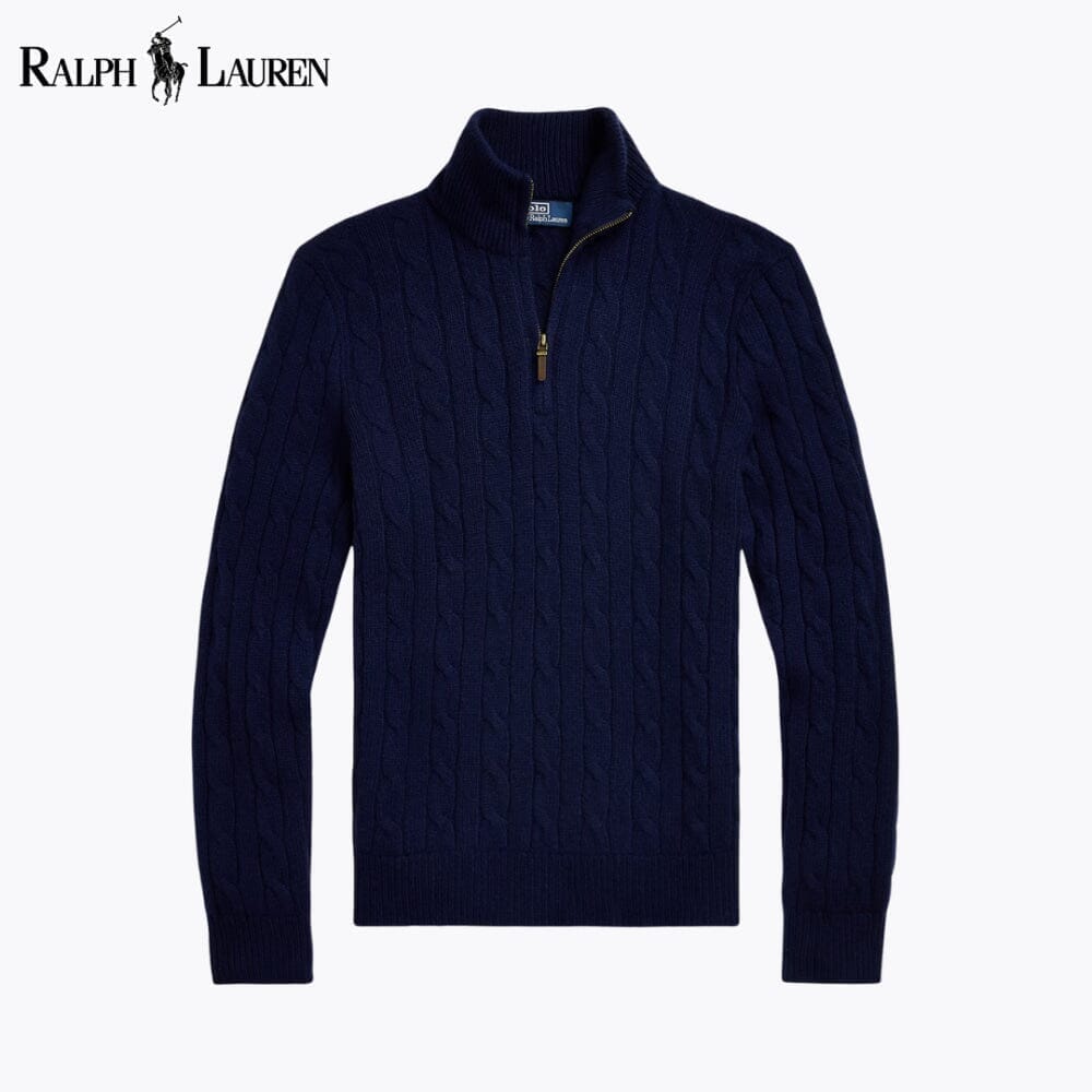 Ralph Lauren Cable-Knit Cashmere Quarter-Zip Jumper LS Blue Navy S