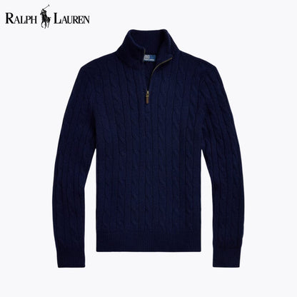 Ralph Lauren Cable-Knit Cashmere Quarter-Zip Jumper LS Blue Navy S