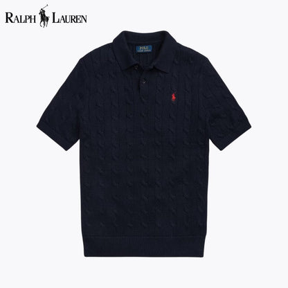 Ralph Lauren Cable-Knit Cotton Polo-Collar Sweater LS Blue Navy S