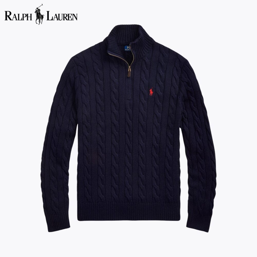 Ralph Lauren Chunky Cable-Knit Cotton Quarter-Zip Sweater LS Blue Navy S