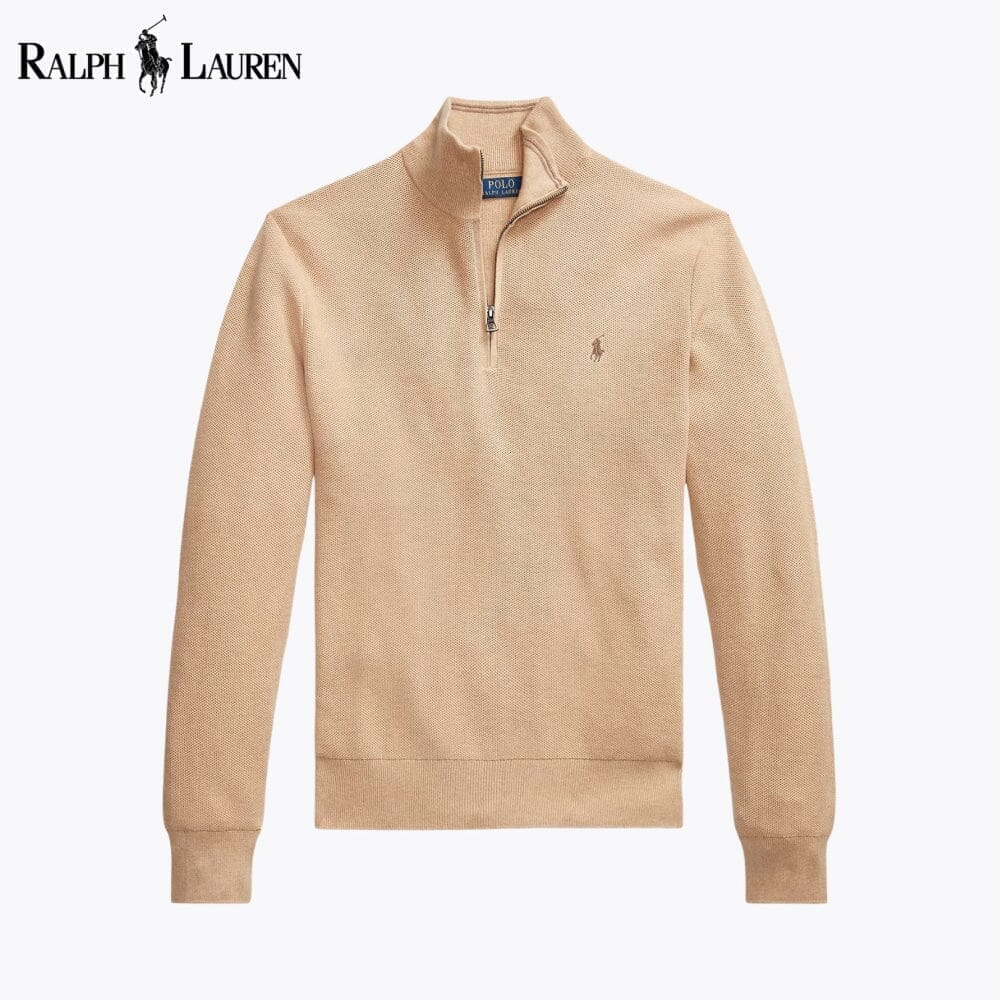 Ralph Lauren Mesh-Knit Cotton Quarter-Zip Sweater LS Camel S