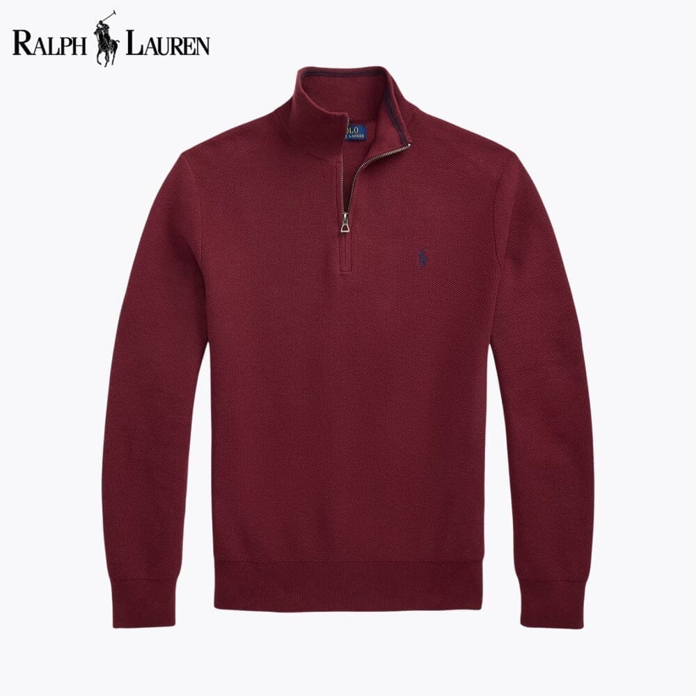 Ralph Lauren Mesh-Knit Cotton Quarter-Zip Sweater LS Red Wine S
