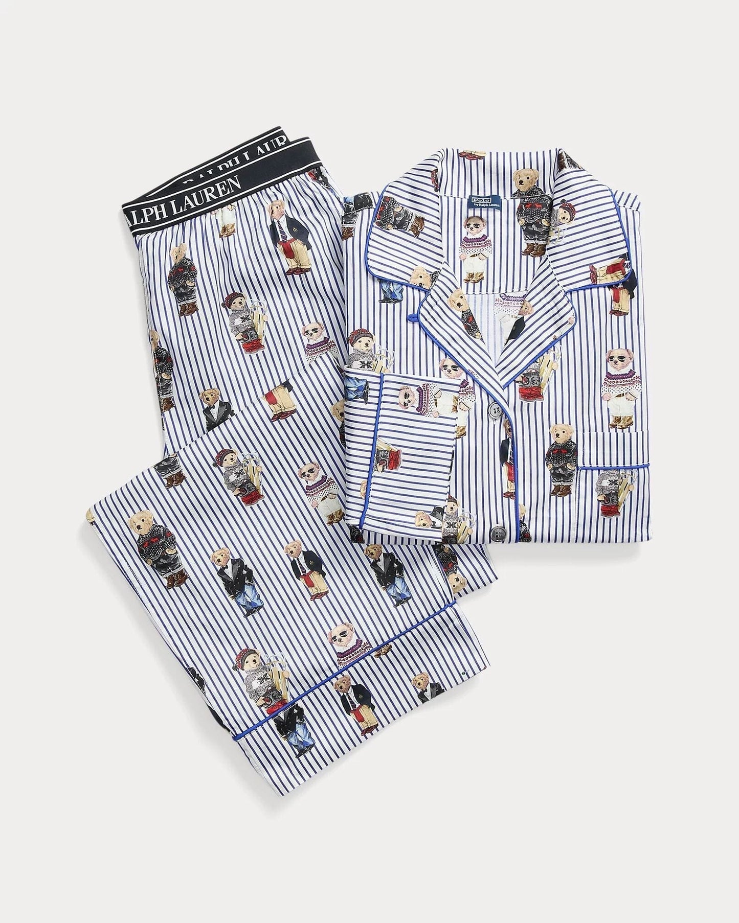 Ralph Lauren Polo Bear Cotton Sateen Pajama Set LS Snowfall Blue S