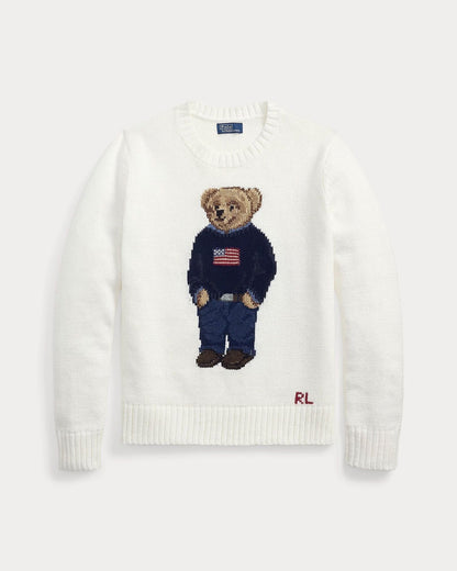 Ralph Lauren Polo Bear Crew Neck Sweater In Linen-Cotton Blend LS White S